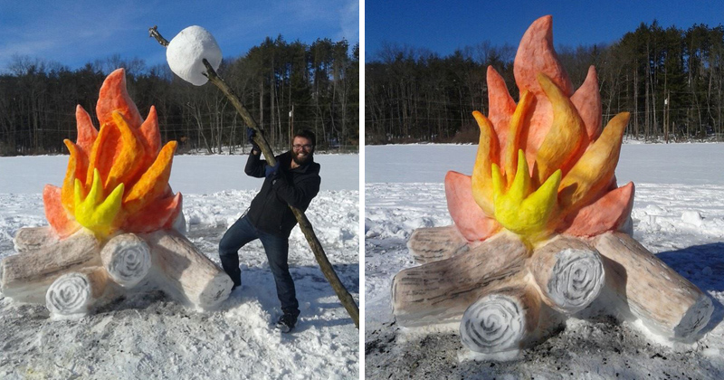 Un tip a făcut un foc gigant din zăpadă