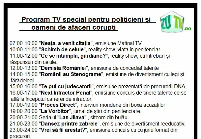 Penal TV! Cum s-ar numi emisiunile dintr-un program TV special creat pentru condamnați, inculpați și corupți!