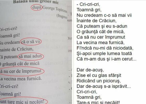 “Balada unui greier mic” modificată în manualul de clasa a II-a este nimic, în alte manuale apare varianta 2018, “Kri, kri, Kri, toamnă gri”!