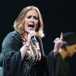 Adele nu mai face selfie-uri cu fanii . Aici cântă pe scenă. Poartă o rochie lungă albastră și are multe accesorii la gât