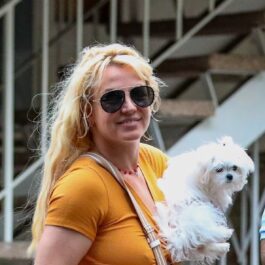 Britney Spears îmbrăcată într-o rochie portocalie purtând ochelari de soare și ținând un cățel alb în brațe