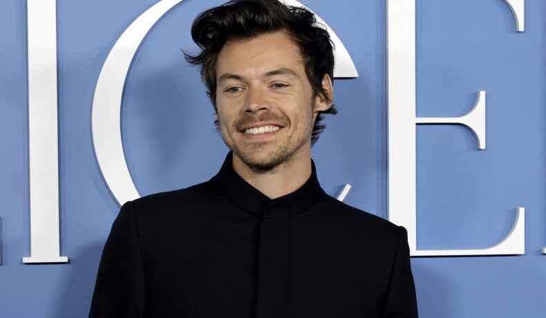 Harry Styles îmbrăcat în negru în timp ce zâmbește la cameră