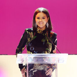 Selena Gomez iubește din nou. Aici este pe scenă și poartă o rochie de catifea verde închis