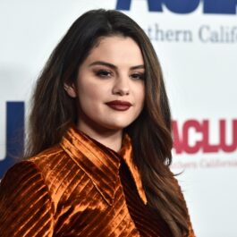 Selena Gomez îmbrăcată cu o ținută catifelată maronie