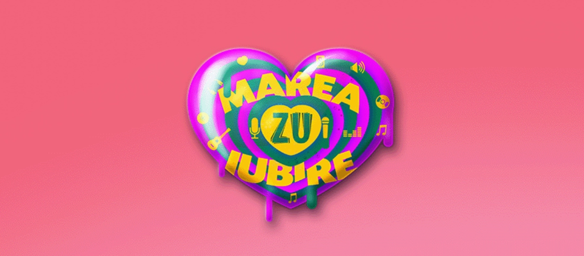 O imagine cu o inimă colorată pe un fundal roz, cu Marea Iubire ZU 2024